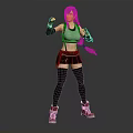 Female Fighter Character In Fighting Pose With Long Black Hair Gray Tank Top And Red Sneakers