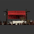 Traditional Market Stall With Red Canopy Wooden Crates Clay Pots And Oranges