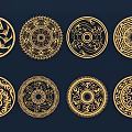 Intricate Circular Golden Wall Decor Set with Various Patterns on Navy Blue Background 3d model