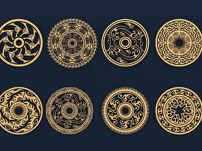 Intricate Circular Golden Wall Decor Set with Various Patterns on Navy Blue Background 3d model