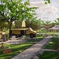 Scenic Campsite With Camper Van Tents Green Grass Pathway Trees And Evening Lighting
