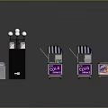 Outdoor Street Scene With Cold Drinks Stalls Purple Striped Canopies And Street Lamp