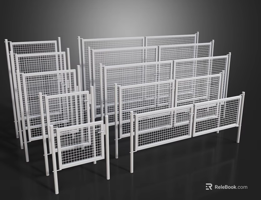 White Metal Mesh Fences Stacked With Various Sizes And Grid Design 3d model 