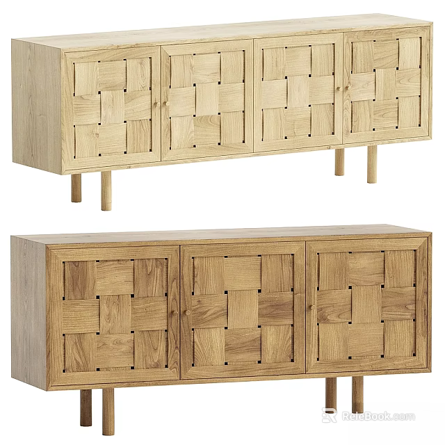 Modern Wooden TV Stand With Woven Door Panels And Minimalist Tapered Legs 3d model 
