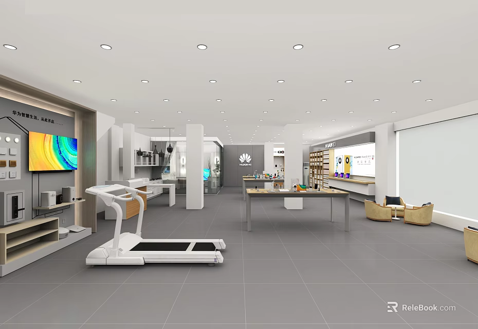 Electronics Fitness Store Interior With Modern Display Counters TVs Treadmill And Seating 3d model 