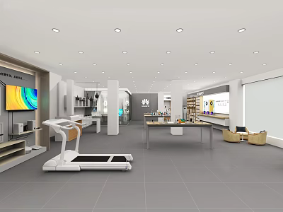 Electronics Fitness Store Interior With Modern Display Counters TVs Treadmill And Seating 3d model