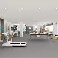 Electronics Fitness Store Interior With Modern Display Counters TVs Treadmill And Seating