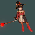 Witch Riding Broomstick With Red Glowing Orb Red Top Black Skirt White Stockings
