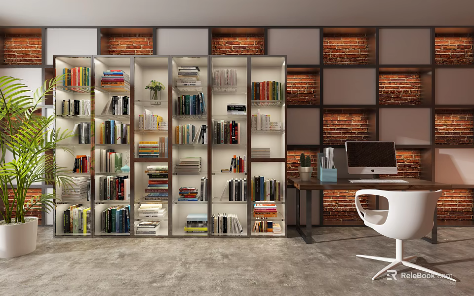 Modern Bookshelf With Books Decorations And Plants Near Brick Wall Desk Computer And Chair 3d model 