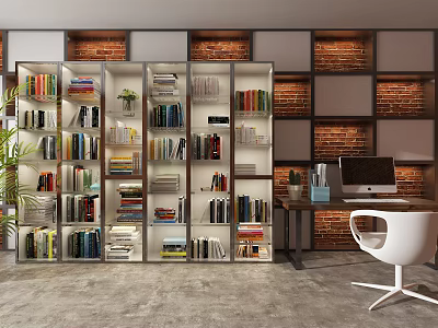 Modern Bookshelf With Books Decorations And Plants Near Brick Wall Desk Computer And Chair 3d model