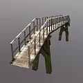 Industrial Pedestrian Bridge Design With Metal Railing And Moss Covered Support Pillars