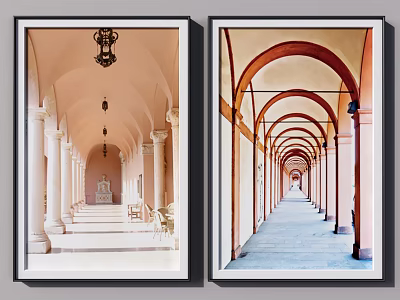 Two Panel Decorative Wall Art With Arched Corridors Columns And Chandeliers 3d model