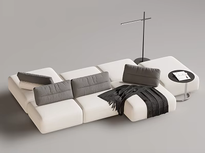 Modern White Sectional Sofa With Gray Cushions Black Throw Blanket And Round Side Table 3d model