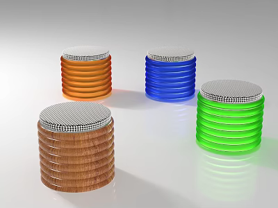Colorful Striped Cylindrical Stools Featuring Orange Blue Green and Wooden Tones With Grid Top 3d model