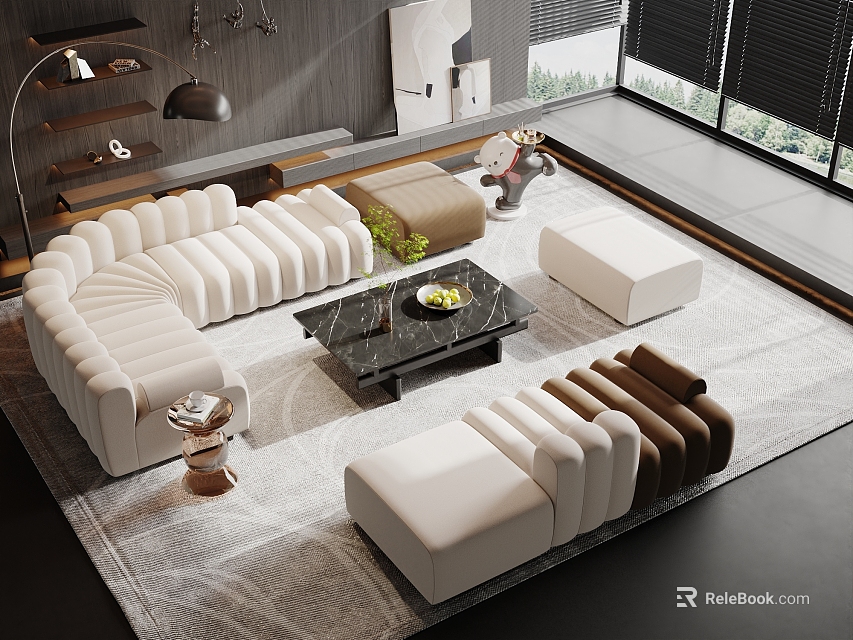 Modern Modular Sofa and Marble Coffee Table Set with Area Rug and Decorative Items 3d model 