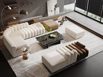 Modern Modular Sofa and Marble Coffee Table Set with Area Rug and Decorative Items 3d model