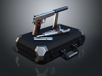 Pistol With Spare Parts Placed On Black Hard Case For Storage 3d model