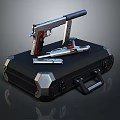 Pistol With Spare Parts Placed On Black Hard Case For Storage