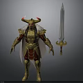 Mythical Man In Gold And Red Armor With Horned Helmet Cloak And Long Sword