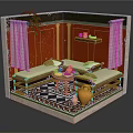 Cartoon Scene Featuring Red Walls White Curtains Plant Daybeds Small Table And Colorful Tiled Floor