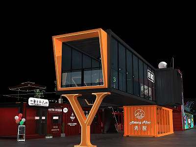 Chang’an Commercial Street Featuring Orange And Black Container Style Buildings And Outdoor Shops 3d model