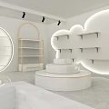 Modern Boutique Store Interior With Cloud Shaped Shelves Circular Display Platform Spotlights And Sofa