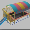 Colorful Canopy Playground Equipment With Red Yellow Blue Stripes Yellow Frame Blue Stairs Trampoline Area