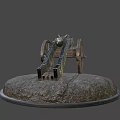 Antique Cannon Weapon With Wooden Wheels On Stone Platform 3d model