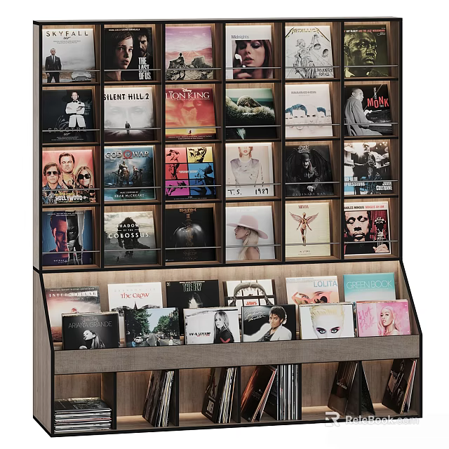 Modern Bookshelf Display With Colorful Record Covers And Organized Book Arrangement 3d model 