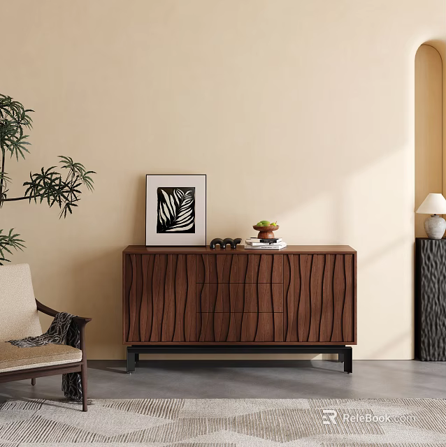 Stylish Brown Wooden Entryway Side Cabinet With Textured Surface And Decorative Plant 3d model 