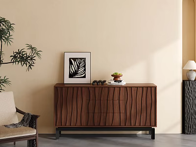 Stylish Brown Wooden Entryway Side Cabinet With Textured Surface And Decorative Plant 3d model