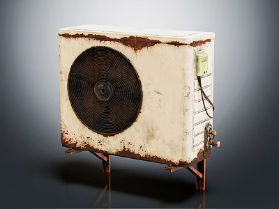Old Rusted Air Conditioner Fan With Rust Spots On Metal Casing And Stand Base 3d model