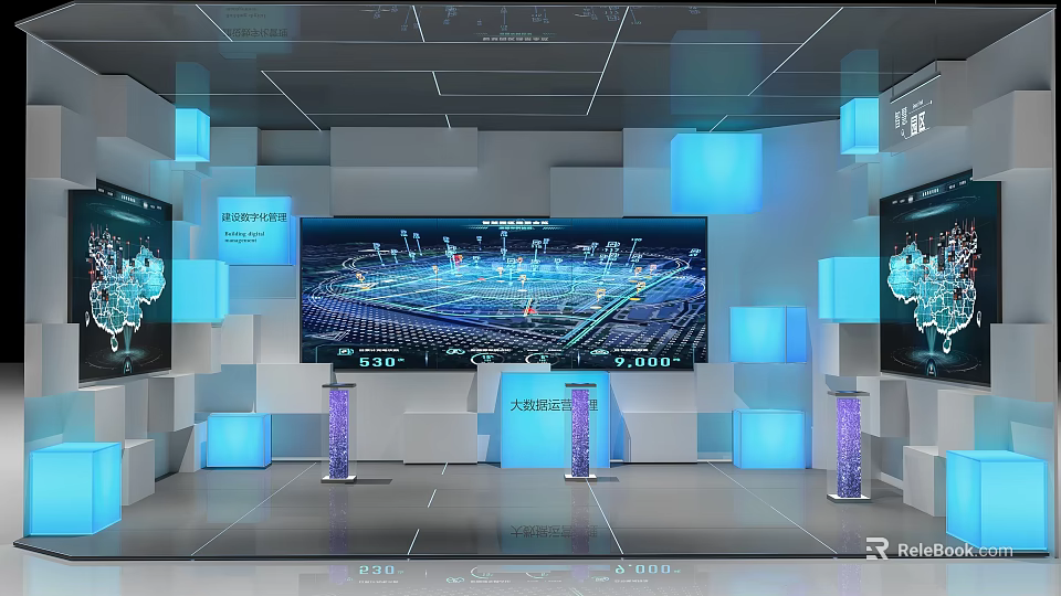 Big Data Exhibition Hall With Large Screen Displaying Digital Visualization And Blue Lighting Podiums 3d model