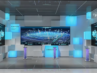Big Data Exhibition Hall With Large Screen Displaying Digital Visualization And Blue Lighting Podiums 3d model