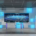 Big Data Exhibition Hall With Large Screen Displaying Digital Visualization And Blue Lighting Podiums 3d model