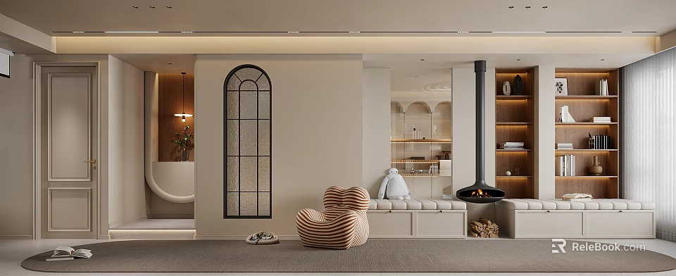 Modern Living Room With Arched Window Beige Wall Striped Armchair Fireplace And Bookshelves 3d model 