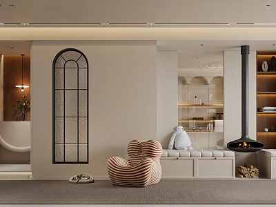 Modern Living Room With Arched Window Beige Wall Striped Armchair Fireplace And Bookshelves 3d model