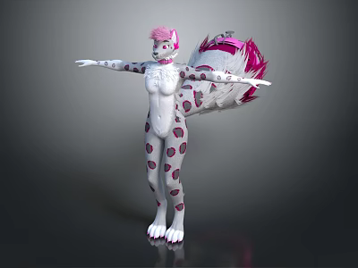 Anthropomorphic Creature With Pink Hair White Spotted Body Multiple Fluffy Tails And Arms Outstretched 3d model