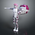 Anthropomorphic Creature With Pink Hair White Spotted Body Multiple Fluffy Tails And Arms Outstretched