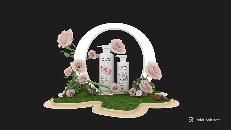 OLAY Skincare Products Display With Pink Roses White Circular Frame And Green Grass Base 3d model 