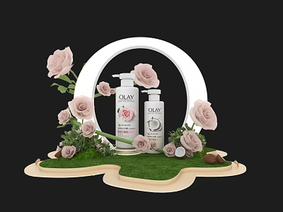 OLAY Skincare Products Display With Pink Roses White Circular Frame And Green Grass Base 3d model