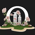 OLAY Skincare Products Display With Pink Roses White Circular Frame And Green Grass Base