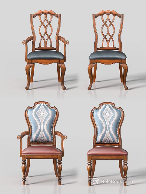 Wooden Frame Dining Chairs With Armrests Patterned Upholstered Back And Colored Seats 3d model