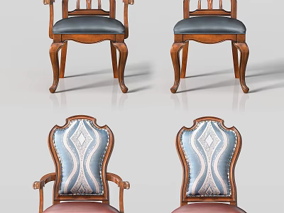 Wooden Frame Dining Chairs With Armrests Patterned Upholstered Back And Colored Seats 3d model