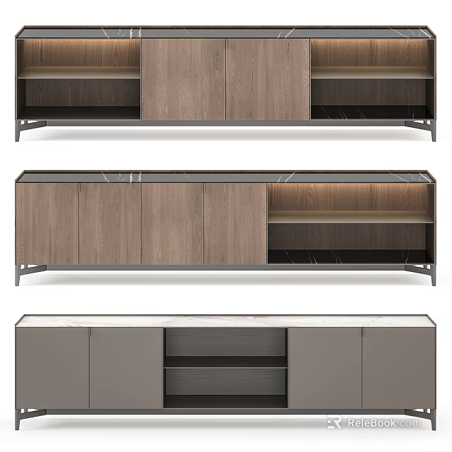 Modern Stylish Dresser With Wooden Panels Marble Top And Open Shelves 3d model 