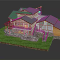 Cartoon Style House Scene With Green Roof Wooden Structure And Lawn Steps