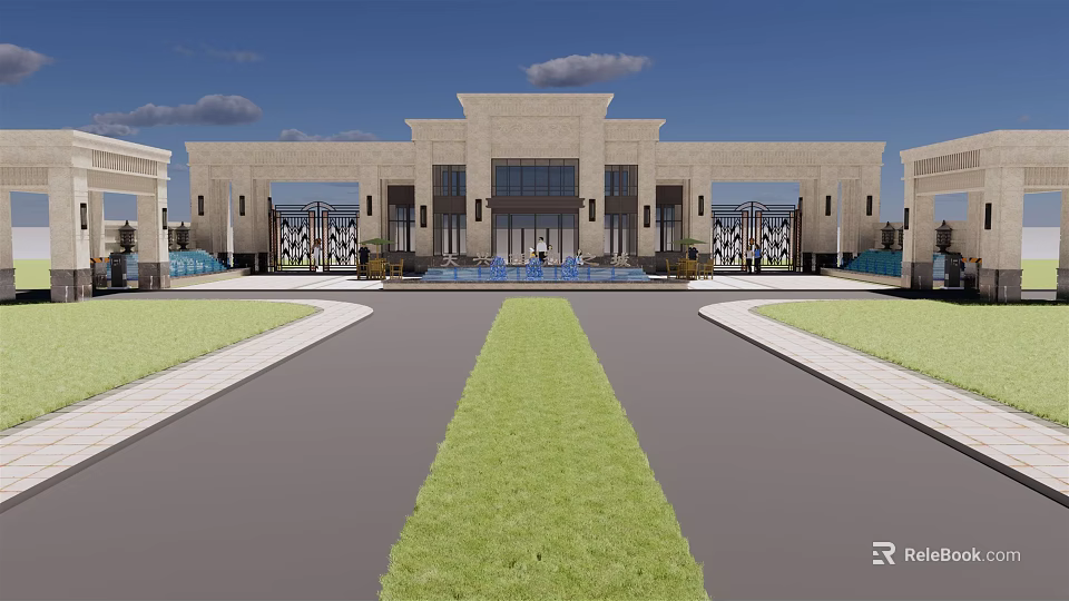 Classical Columned Entrance Gate With Stone Structure Ornate Details And Central Fountain 3d model 