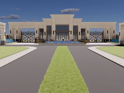 Classical Columned Entrance Gate With Stone Structure Ornate Details And Central Fountain 3d model
