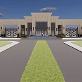 Classical Columned Entrance Gate With Stone Structure Ornate Details And Central Fountain