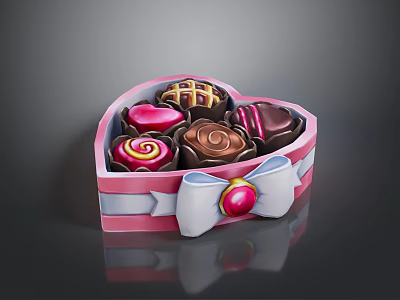 Assorted Chocolates in Heart Shaped Box With White Bow and Pink Accents 3d model